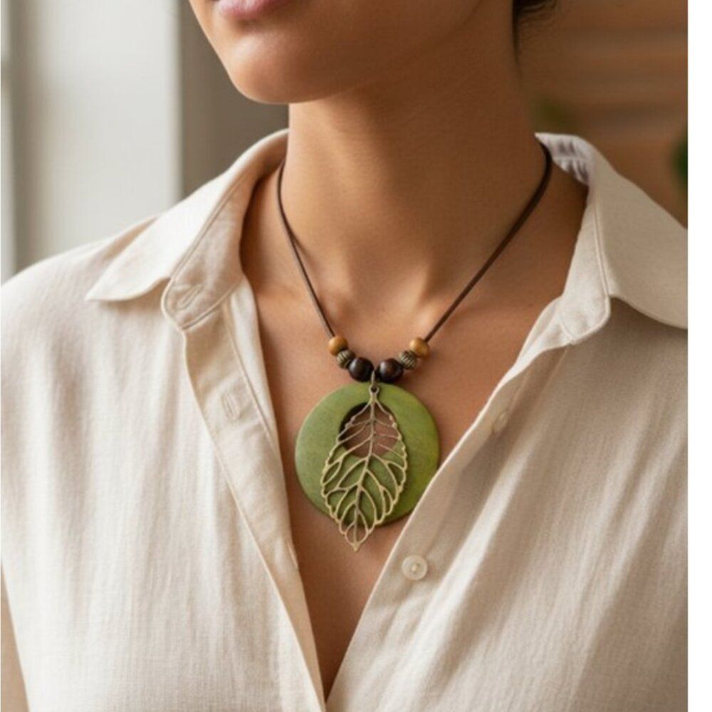Bohemian Leaf-Shape Green & Brown Hollow Leaf /Wooden Pendant Wax Rope Necklace